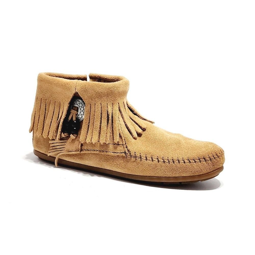 Minnetonka Women's Concho Feather Fringe Suede Moccasin Ankle Boots Brown Size 6